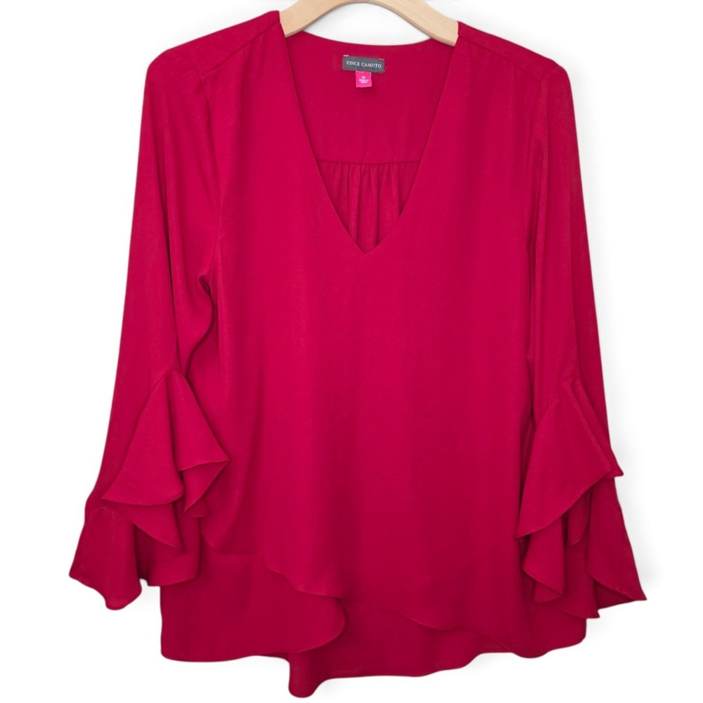 Vince Camuto Blouse Womens Medium M Red Ruffle 3/4 Bell Sleeve V Neck Top Hi Low